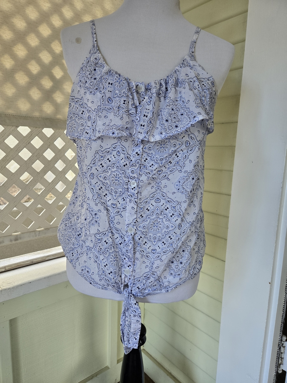 Old Navy White and Blue Paisley Tie-Front Ruffle Cami